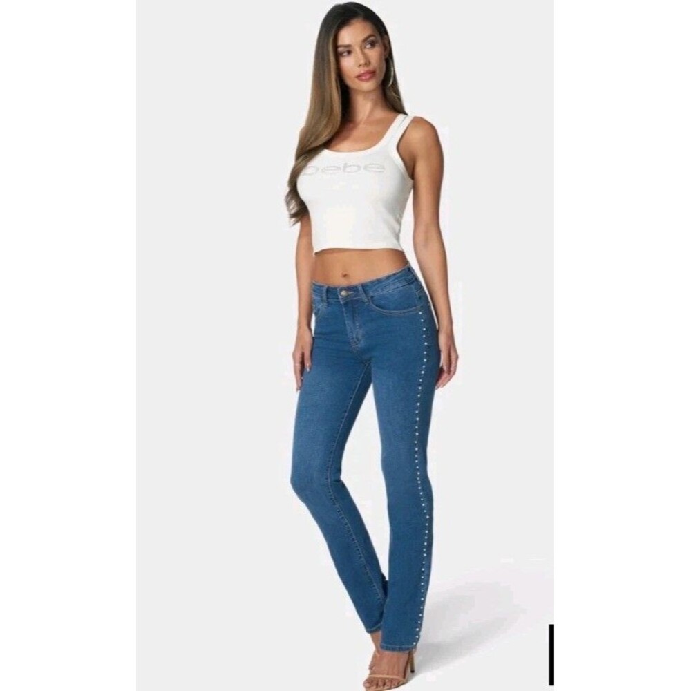 Bebe The Bling String Pearl Embellished Straight Leg Jeans Indigo Wash Size 6